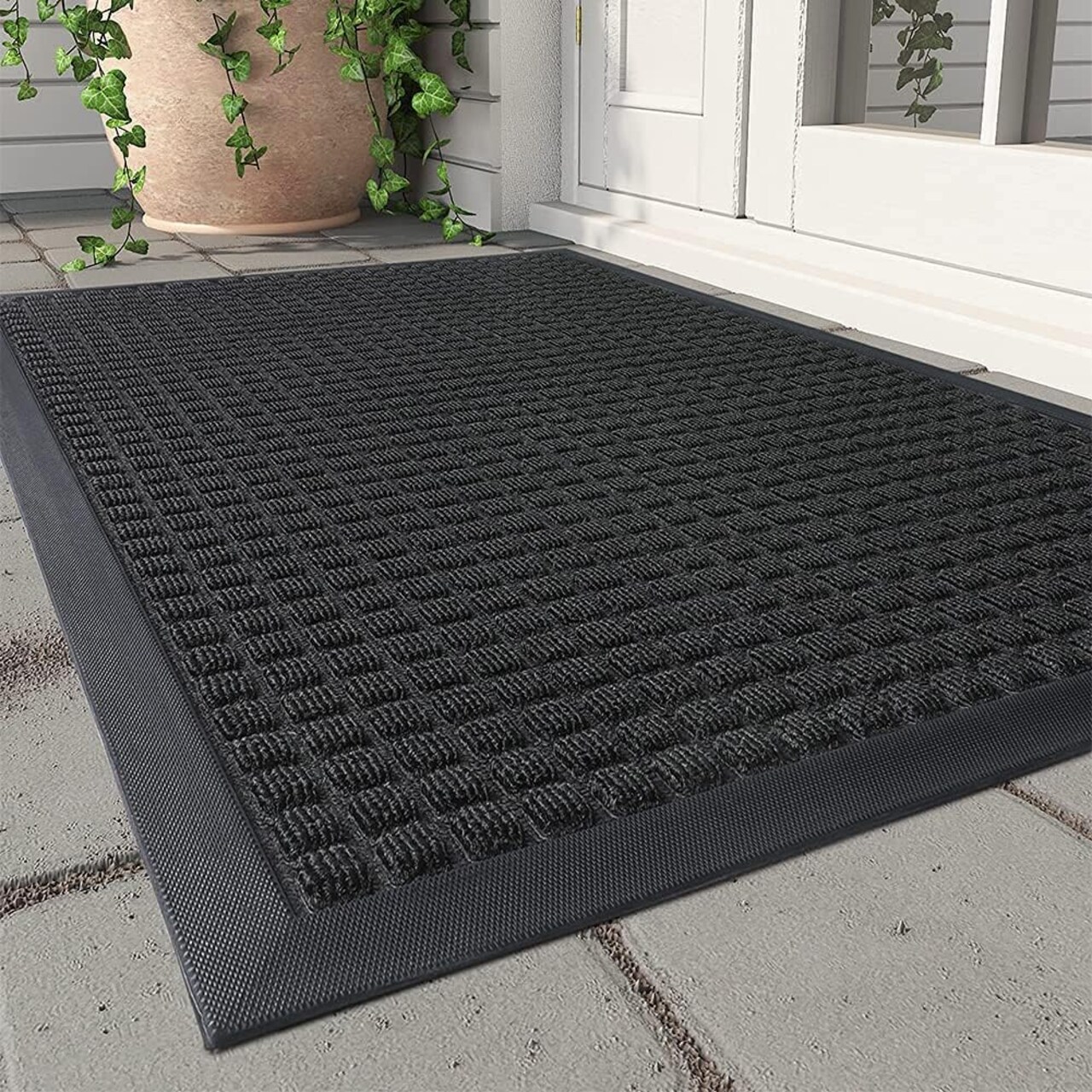 Front Door Mat Outside Entrance Doormat-Outdoor Indoor Door Mat for Entryway-Welcome Mat Thick Durable Rubber Backed Door Entry Mat Non Slip Dirt Trapper Absorbent-Black 17”x30”